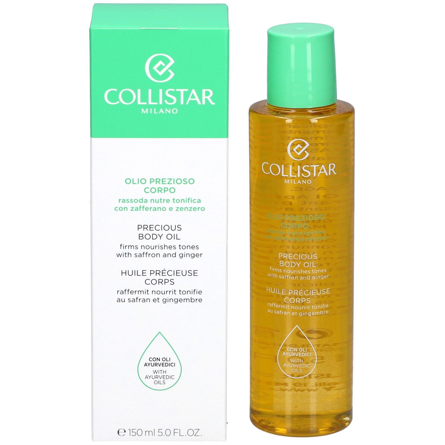 Körperölflasche und Schachtel. Schachtel: Collistar Milano, Precious Body Oil. Flasche: gelb, grün.