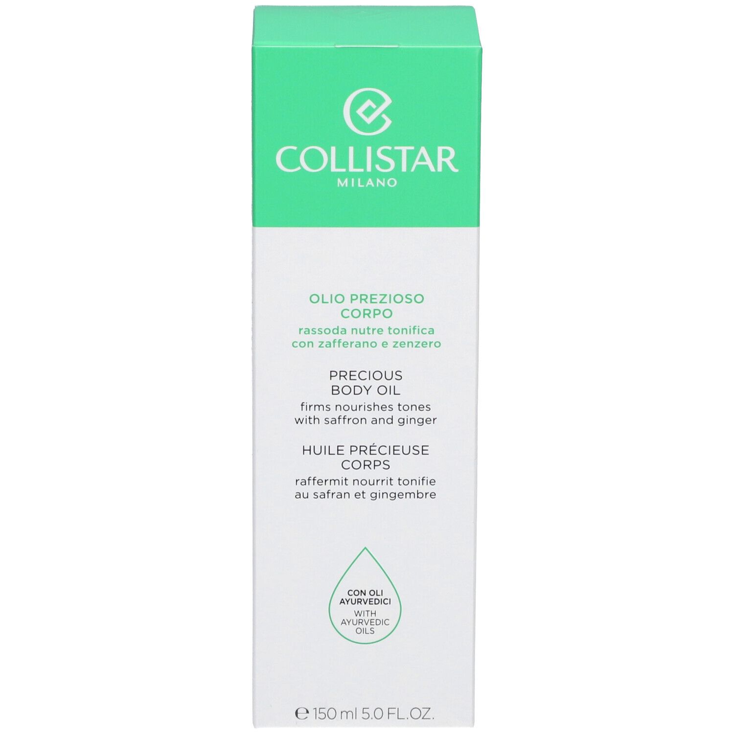 Schachtel: Collistar Milano, Precious Body Oil. Flasche: gelbliche Flüssigkeit, grüner Deckel.
