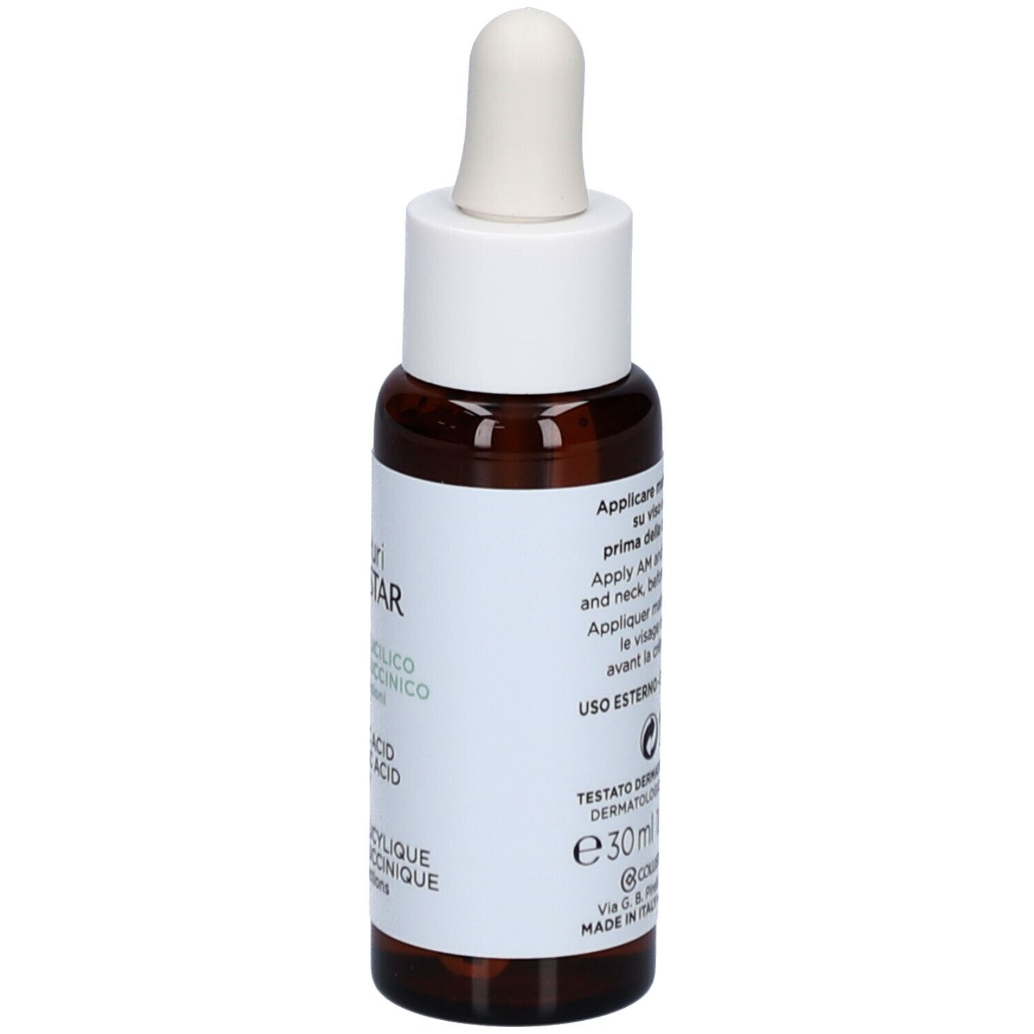 Bruine fles met witte dop en pipet. Etiket met productinformatie.