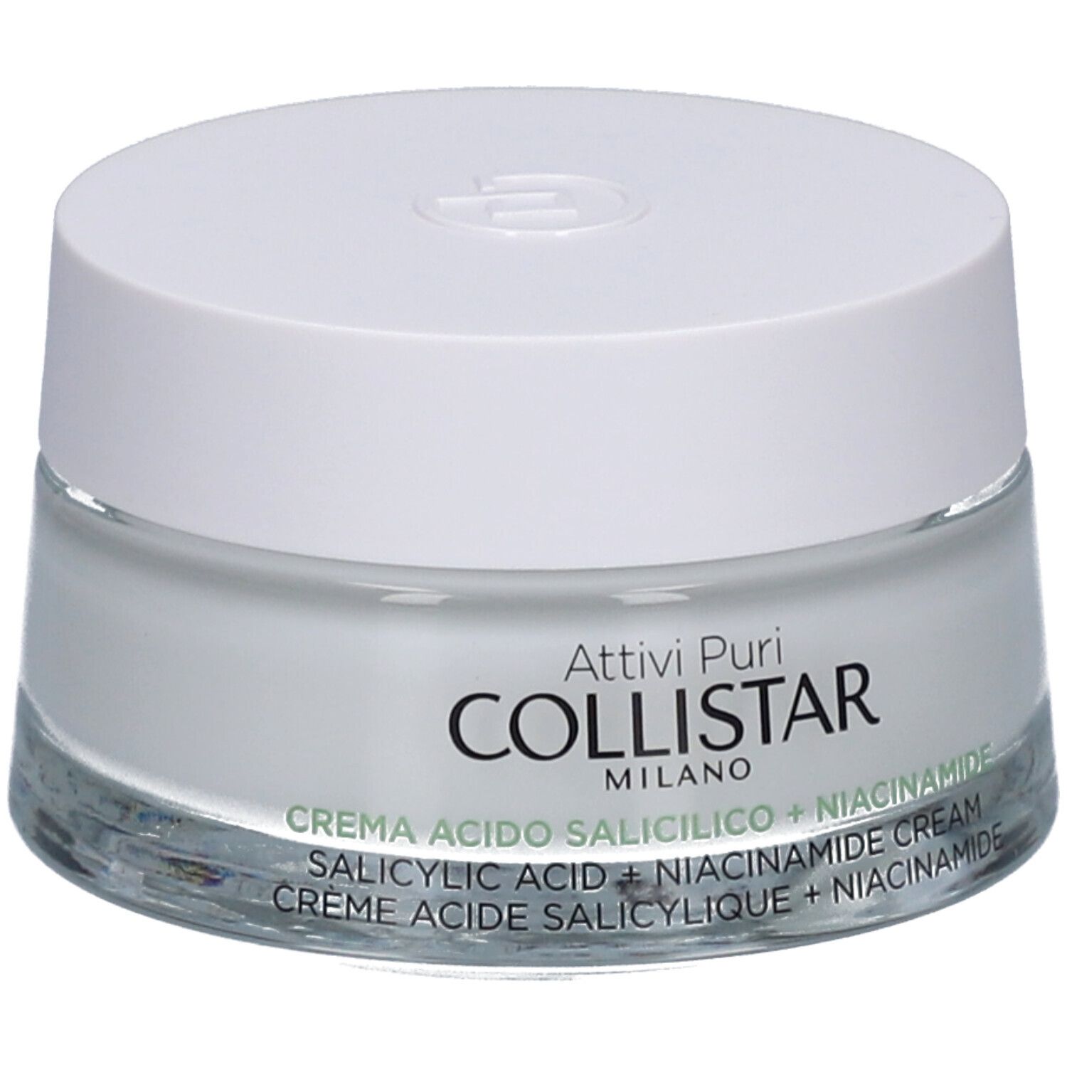 Creme-Tiegel mit weißem Deckel. Auf dem Glas steht "COLLISTAR MILANO". Darunter "CREMA ACIDO SALICILICO + NIACINAMIDE CREAM".