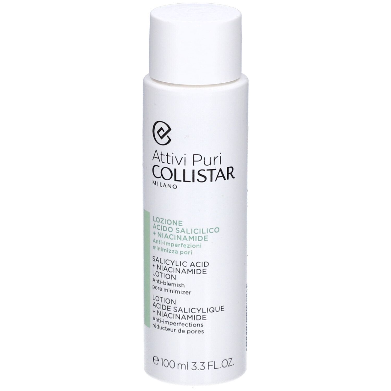 Weiße Flasche mit Deckel. Aufschrift: Collistar, Salicylsäure + Niacinamid Lotion. 100 ml.
