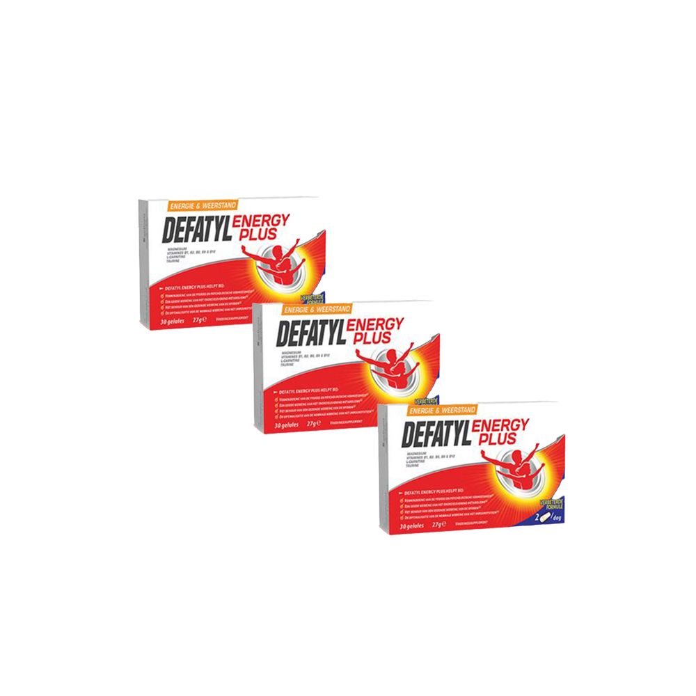 Drie dozen Defatyl Energy Plus. Witte verpakking met rode en zwarte tekst. Bevat magnesium, carnitine, vitaminen.