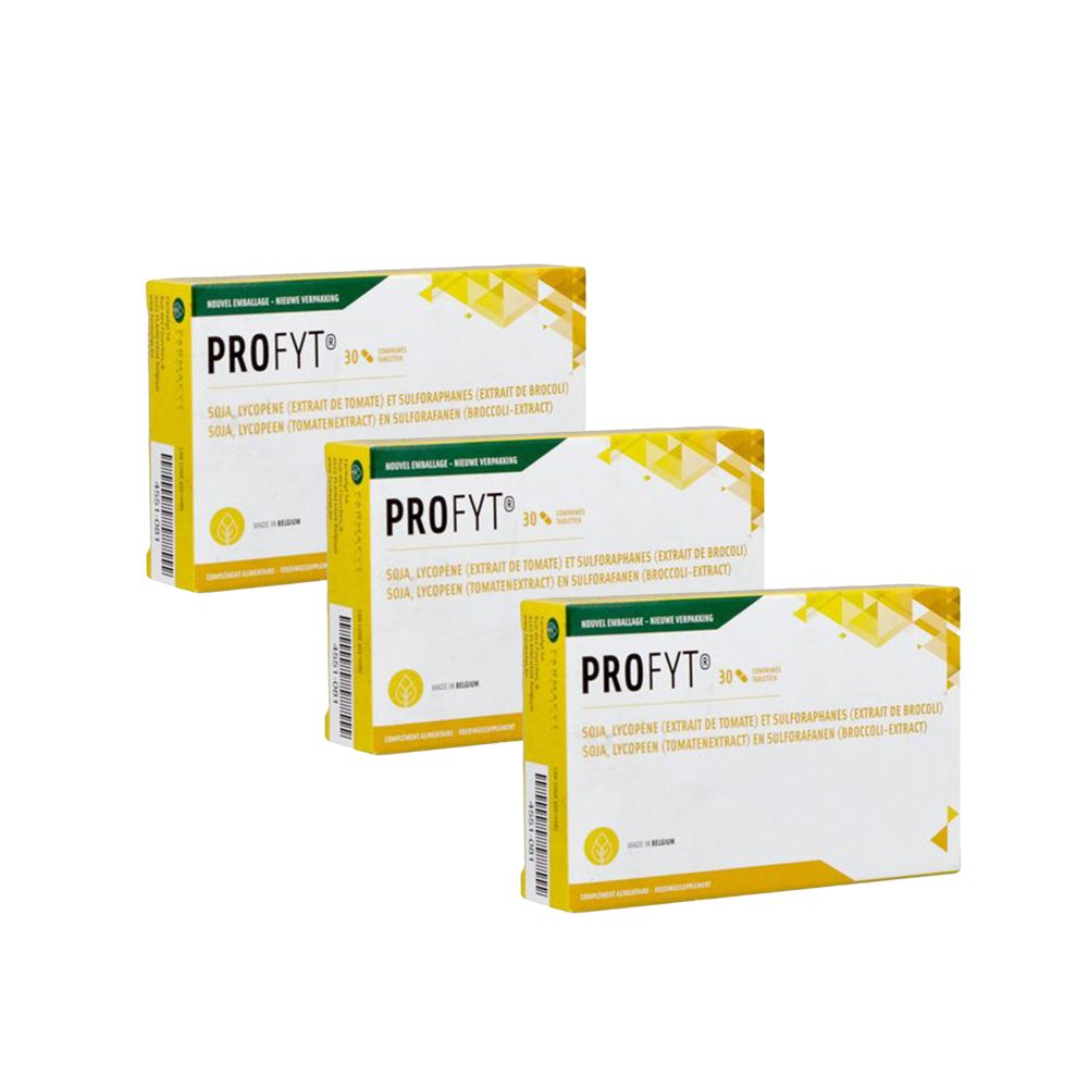Drie gele dozen met de tekst "PROFYT®" en andere teksten. Bedrukking in meerdere talen.