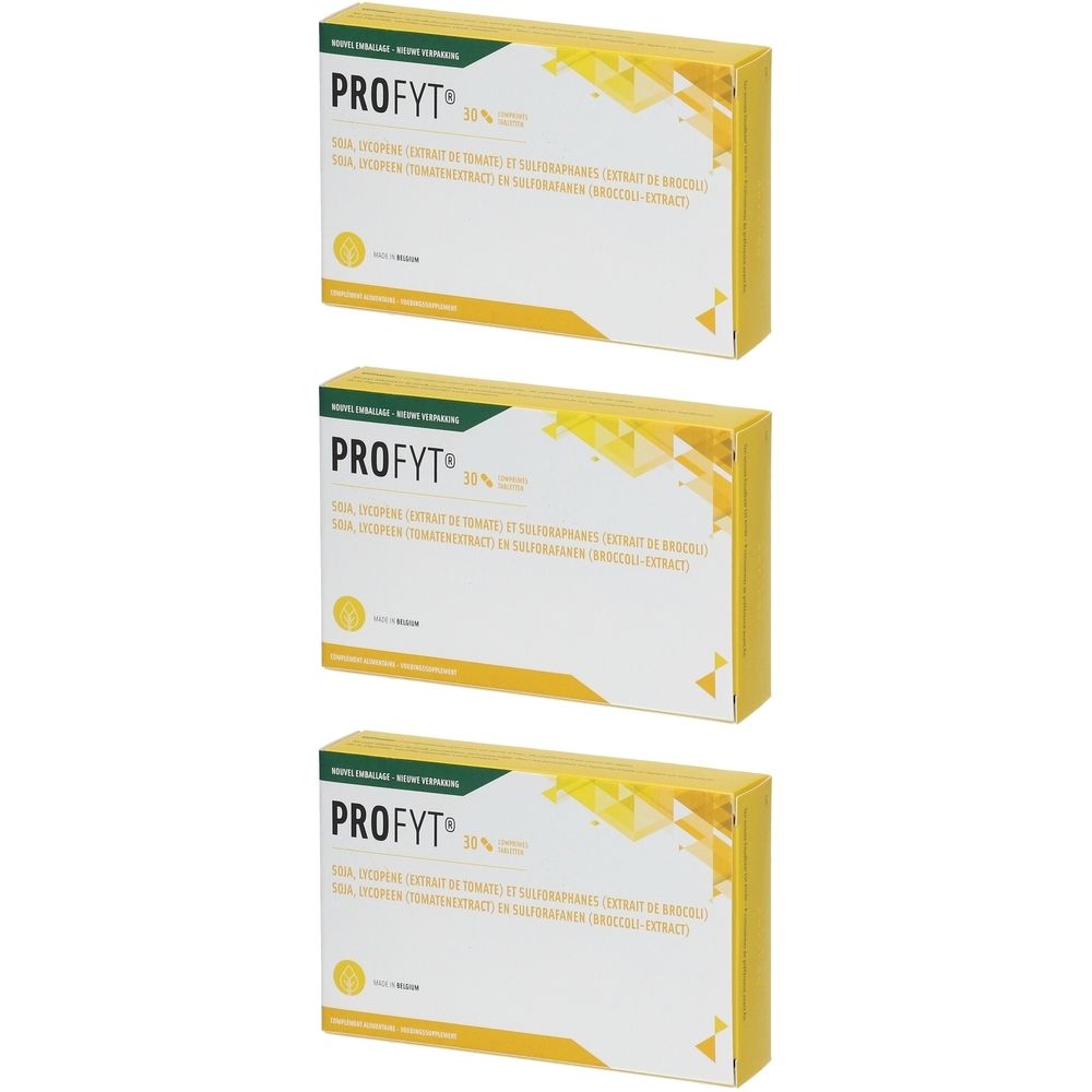 Drie gele dozen met de tekst "PROFYT®" en andere teksten. Bedrukking in meerdere talen.
