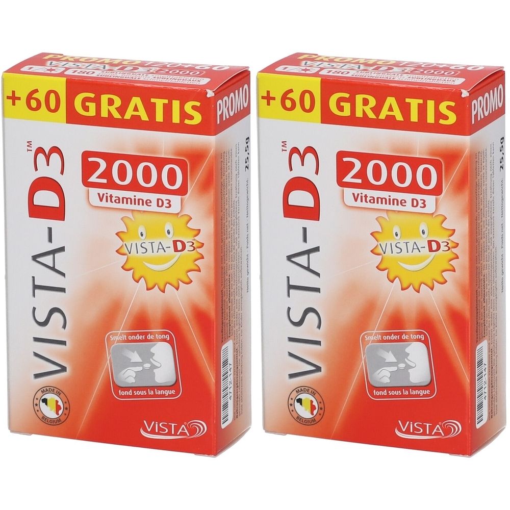 Zwei Packungen VISTA-D3 2000 Vitamin D3. Rote und weiße Verpackung mit Text und Logo. +60 GRATIS.