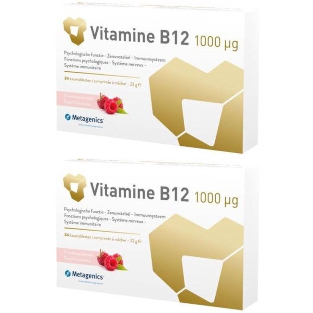 Deux boîtes de "Vitamine B12 1000 mcg". Logo doré, image de framboises, texte multilingue.