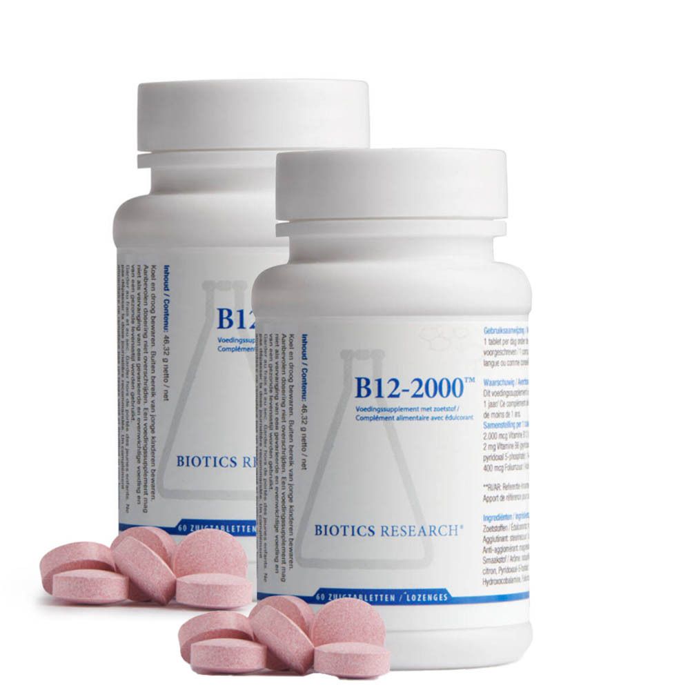 Deux flacons blancs avec comprimés roses. Inscription : B12-2000, Biotics Research. Comprimés devant les flacons.