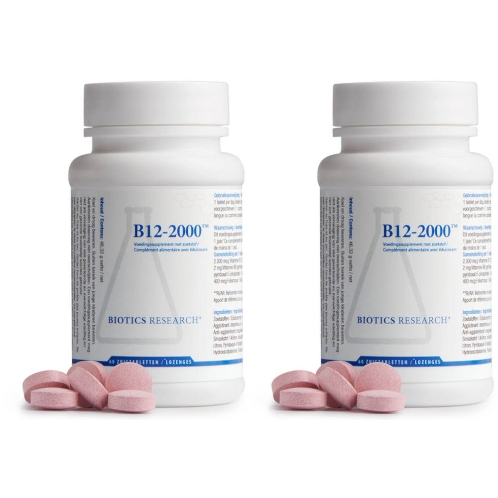 Deux flacons blancs avec comprimés roses. Inscription : B12-2000, Biotics Research. Comprimés devant les flacons.