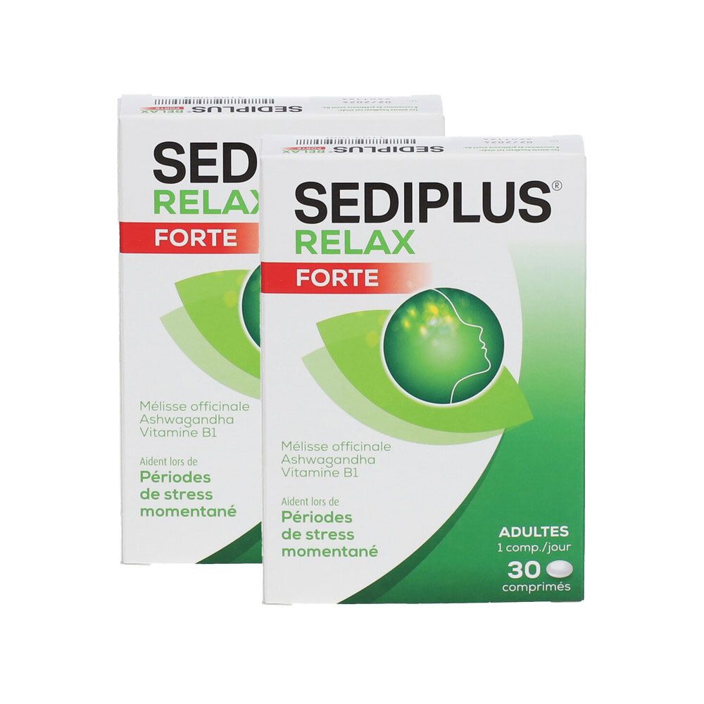 Deux boîtes de Sediplus Relax Forte. Emballage blanc avec logo et texte verts. Contient des comprimés pour adultes.