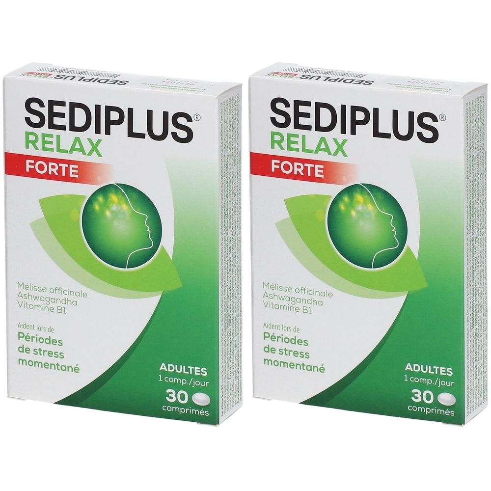 Zwei Schachteln Sediplus Relax Forte. Weiße Verpackung mit grünem Logo und Text. Enthält Tabletten für Erwachsene.