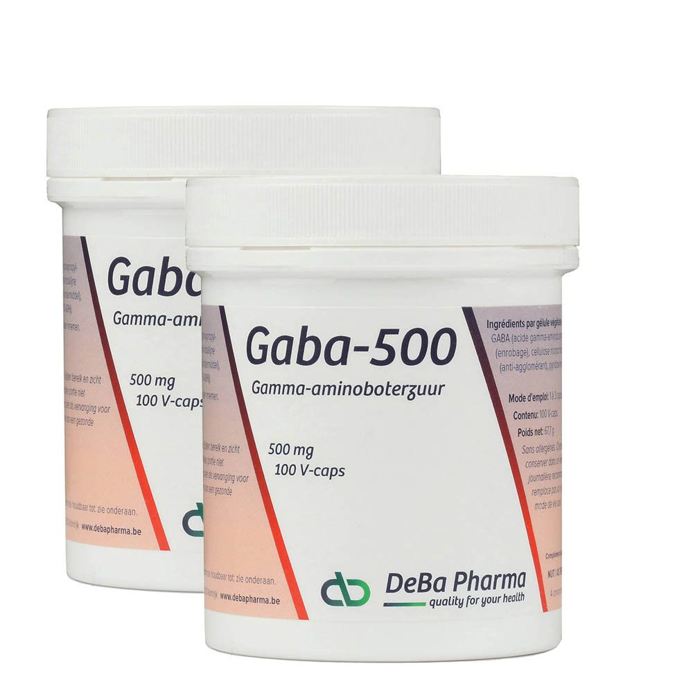 Deux pots blancs "Gaba-500". Contient 500 mg et 100 V-capsules. Logo DeBa Pharma.