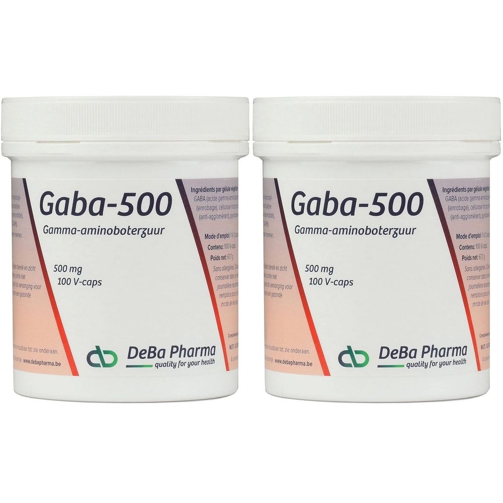 Deux pots blancs "Gaba-500". Contient 500 mg et 100 V-capsules. Logo DeBa Pharma.