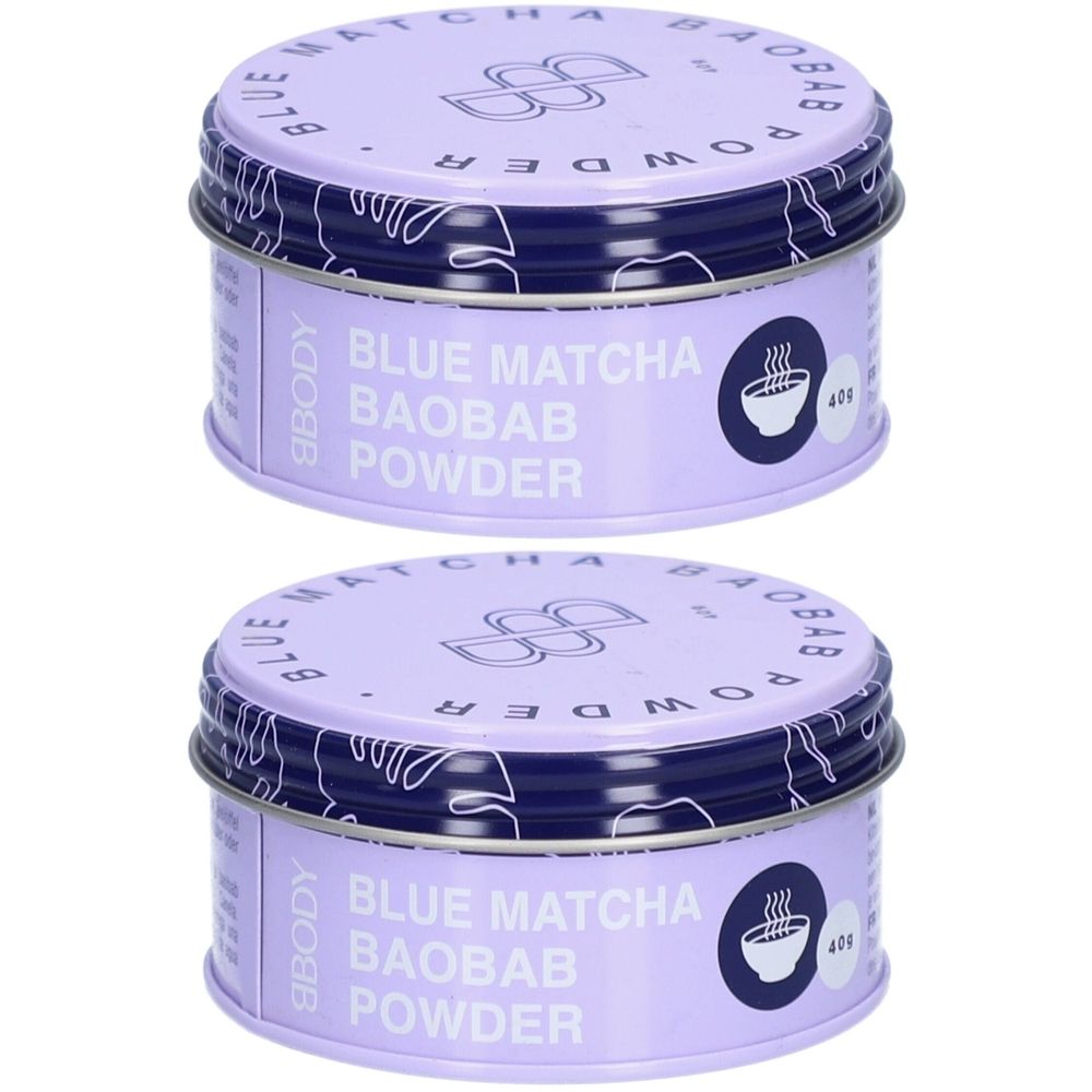 Twee blikken BBODY Blue Matcha Baobab poeder. Ronde, lila blikken met deksel en tekst.
