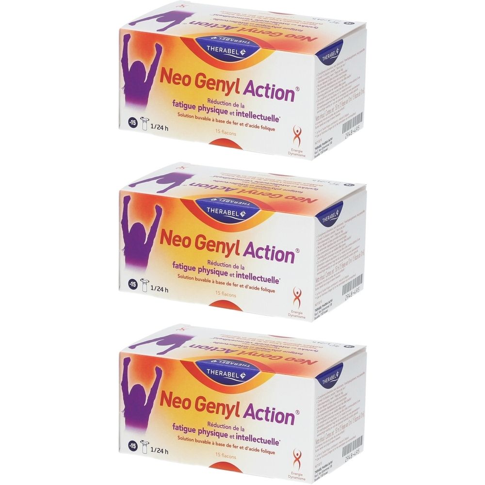 Trois boîtes Neo Genyl Action. Emballage blanc avec logo et texte. Inscription: Réduction de la fatigue physique et intellectuelle.