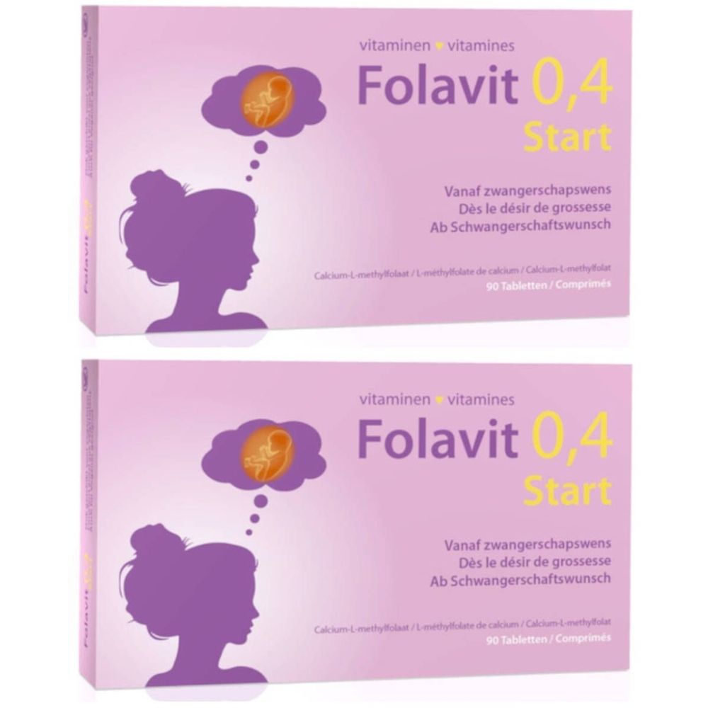 Zwei Packungen Folavit 0,4 Start. Rosa Verpackung mit Produktnamen, Frauensilhouette und Fötus-Symbol. Text in Deutsch, Französisch und Niederländisch.