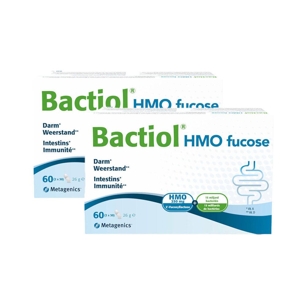 Twee verpakkingen Bactiol HMO fucose. Opschrift: Darm, Weerstand, Intestins, Immunité. 60 capsules. Merk Metagenics.