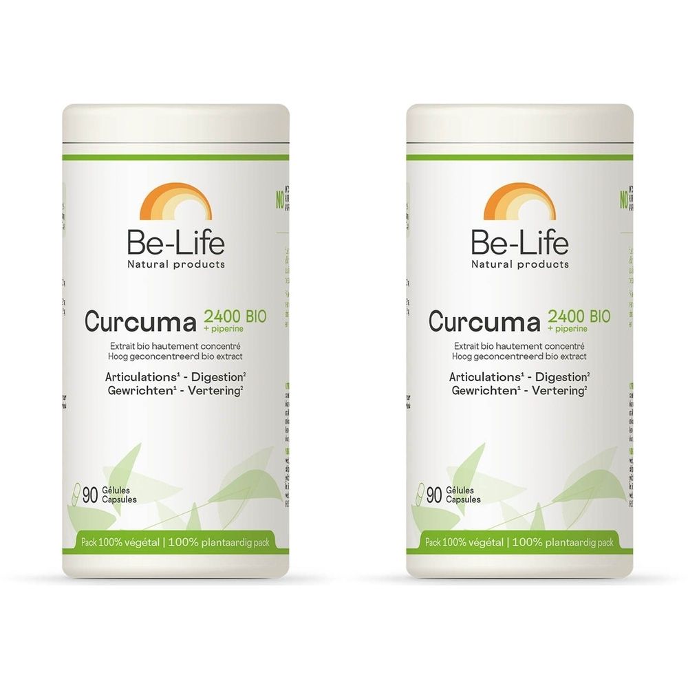 Deux boîtes blanches avec étiquette verte. Inscription: Be-Life Curcuma 2400 BIO. 90 gélules. Logo: soleil.
