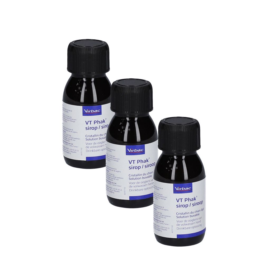 Trois flacons avec bouchons noirs. Étiquettes avec "VT Phak sirop/siroop" et "Virbac".
