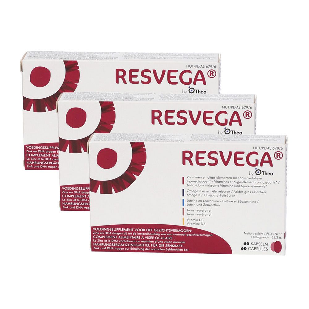 Trois boîtes de Resvega. Emballage blanc avec cercle rouge et informations produit. 60 gélules.