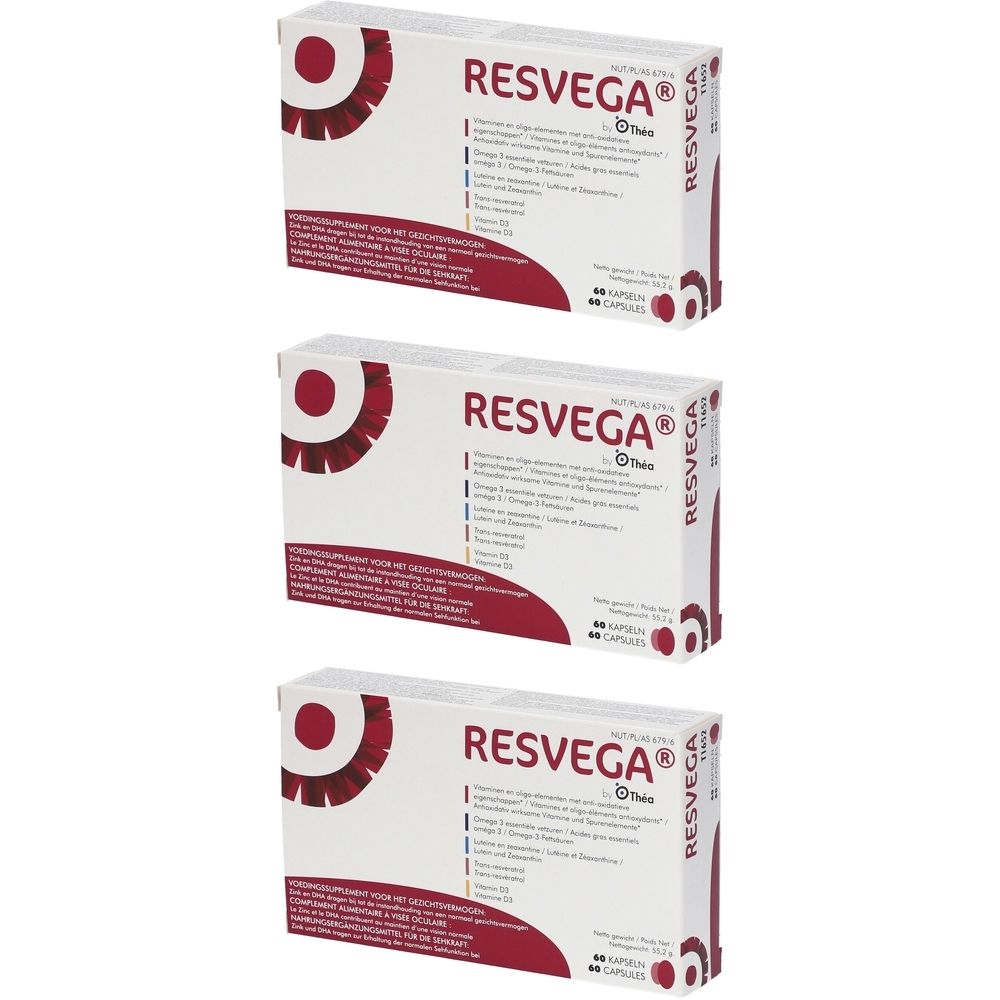 Trois boîtes de Resvega. Emballage blanc avec cercle rouge et informations produit. 60 gélules.
