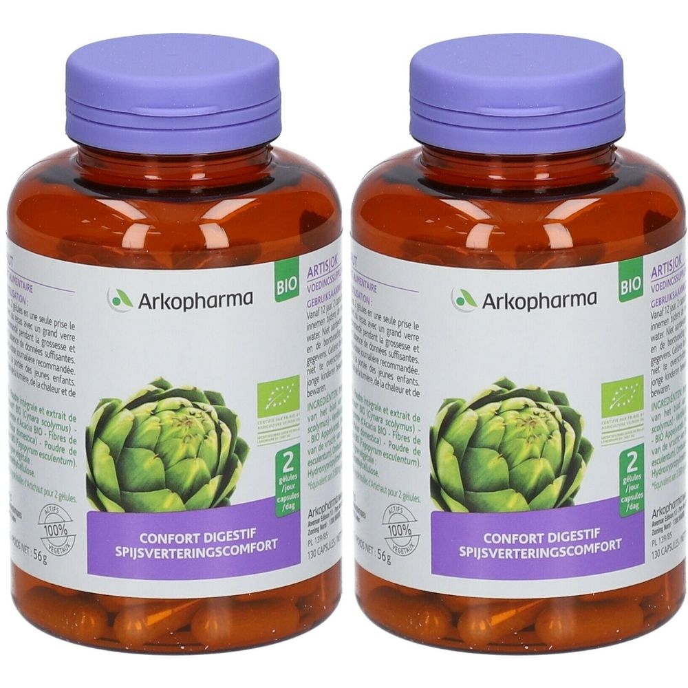Zwei Flaschen mit Kapseln. Aufschrift: Arkopharma Bio, Artischocke. Aufkleber mit Text und Logo.