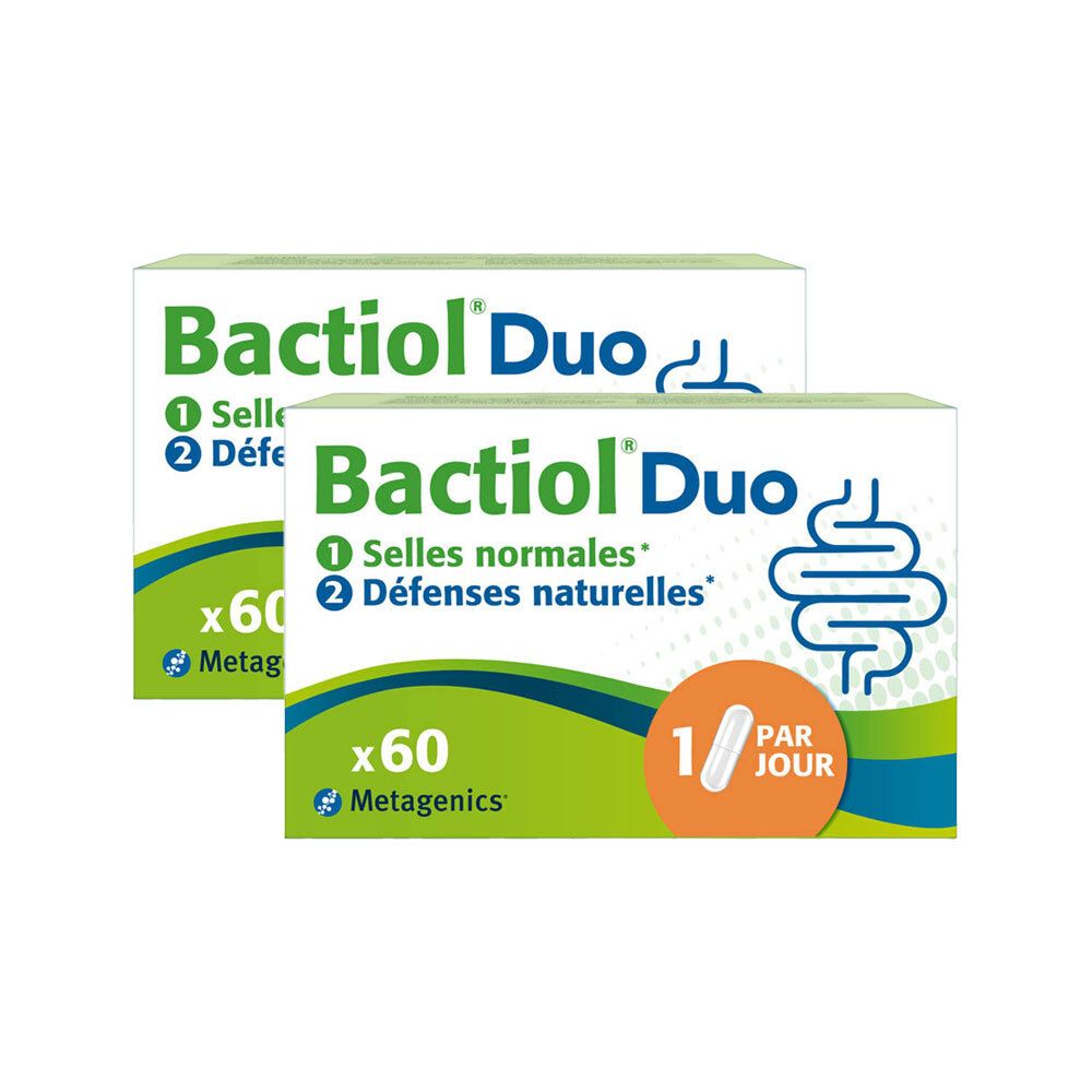 Deux boîtes de produit. Inscription: Bactiol Duo, 60 gélules, 1 par jour. Illustration du système digestif.