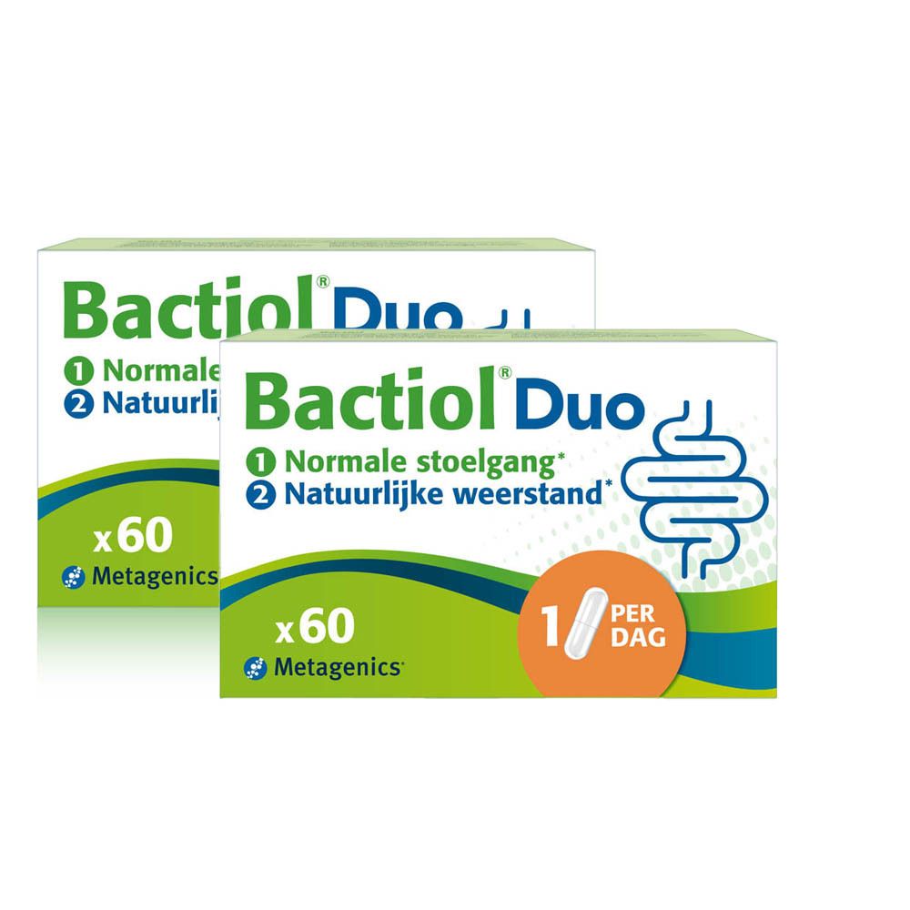 Twee dozen met productopdruk. Opschrift: Bactiol Duo, 60 capsules, 1 per dag. Illustratie van het spijsverteringsstelsel.