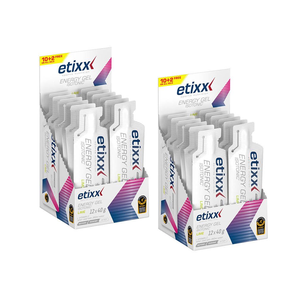 Twee dozen Etixx Energy Gel Limette. Zakjes in dozen. Wit, met logo en tekst. Roze en blauwe accenten. Opschrift: Isotonic.
