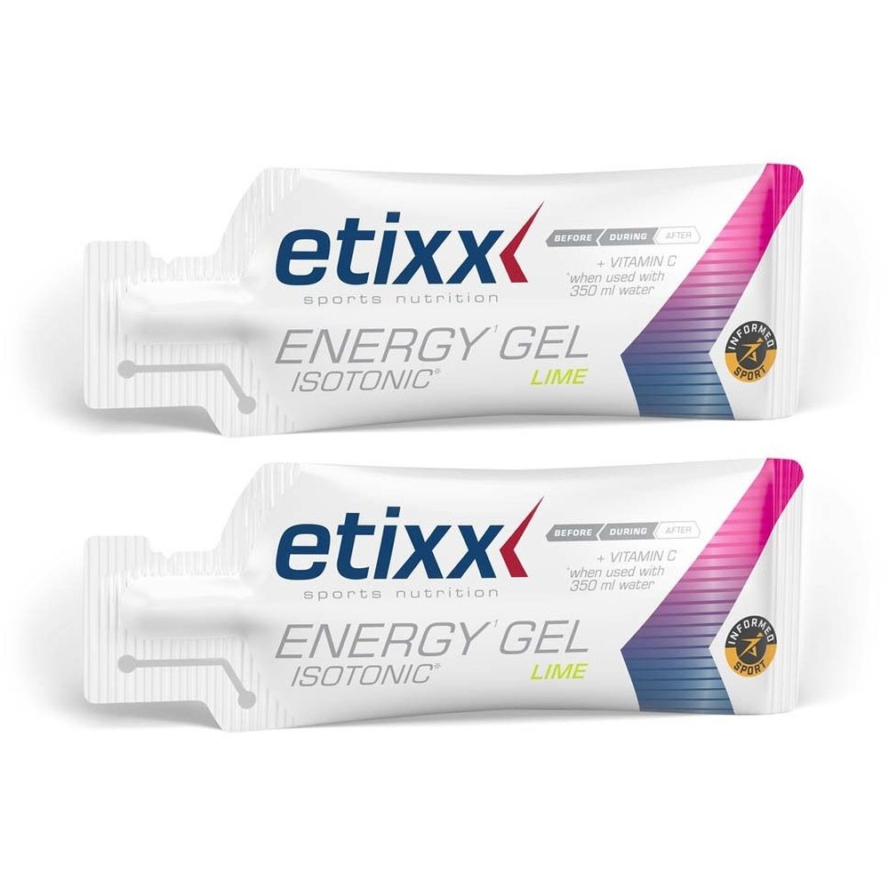 Twee zakjes Etixx Energy Gel Limette. Wit, met logo en tekst. Roze en blauwe accenten. Opschrift: Isotonic.