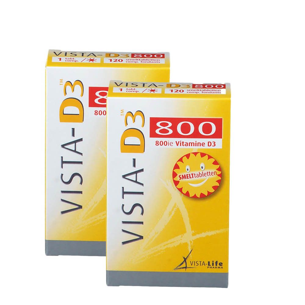 Twee verpakkingen Vista-D3 800. Opschrift: Vitamine D3, 800, Vista-D3, Vista-Life. Geel-wit design.