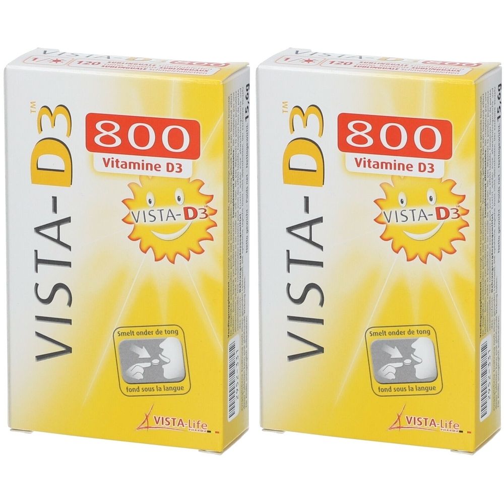 Twee verpakkingen Vista-D3 800. Opschrift: Vitamine D3, 800, Vista-D3, Vista-Life. Geel-wit design.