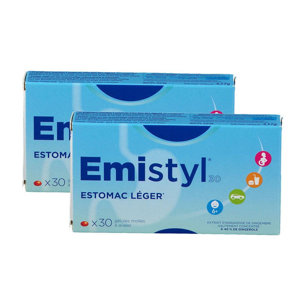 Deux boîtes d'Emistyl 30, boîtes bleues avec texte blanc. Contient 30 gélules. Inscription: Estomac Léger, 6+.