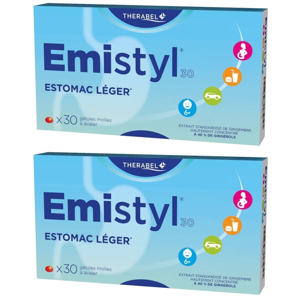 Deux boîtes d'Emistyl 30, boîtes bleues avec texte blanc. Contient 30 gélules. Inscription: Estomac Léger, 6+.