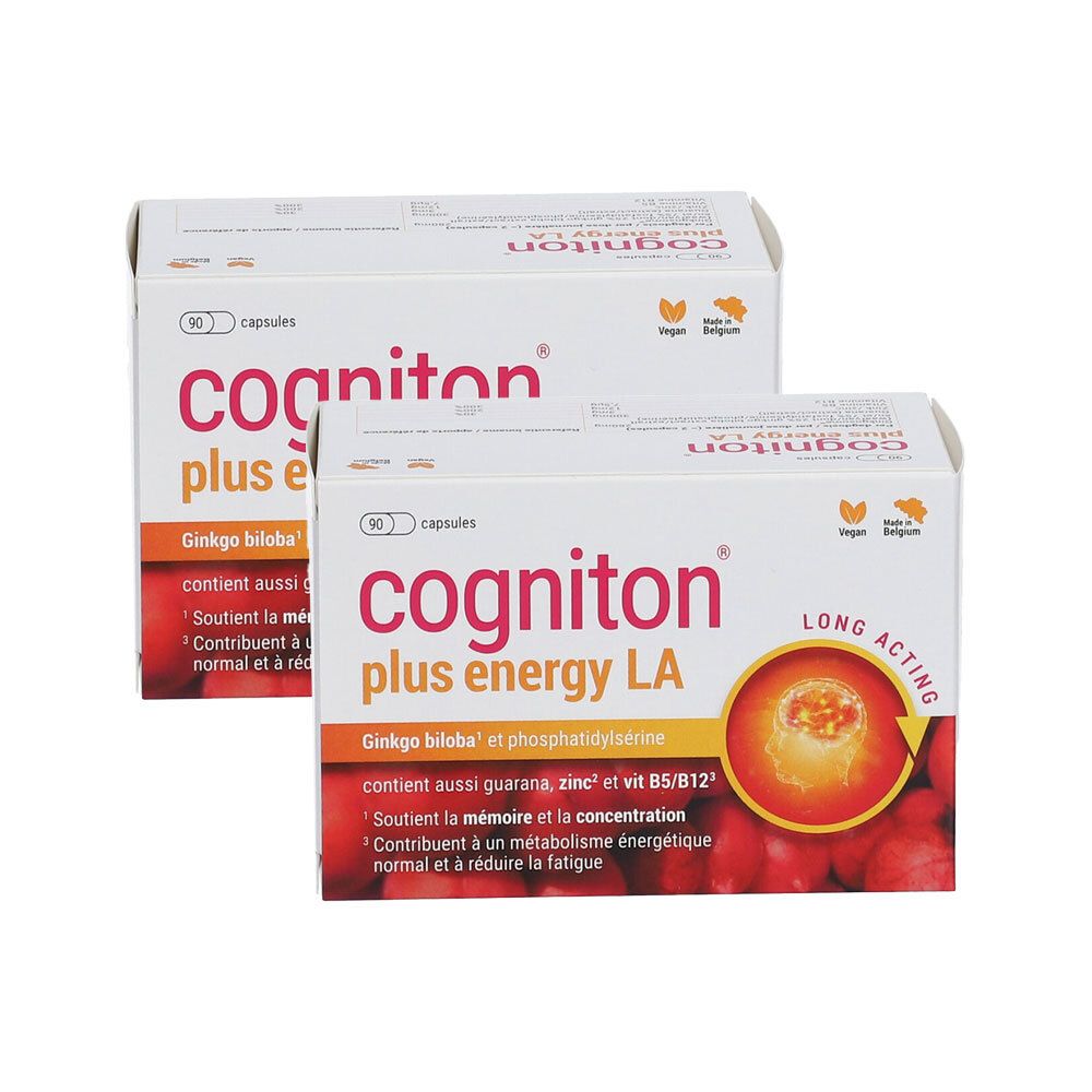 Deux boîtes de Cogniton Plus Energy LA. Emballage blanc avec texte rouge et noir. Contient 90 capsules. Label vegan.