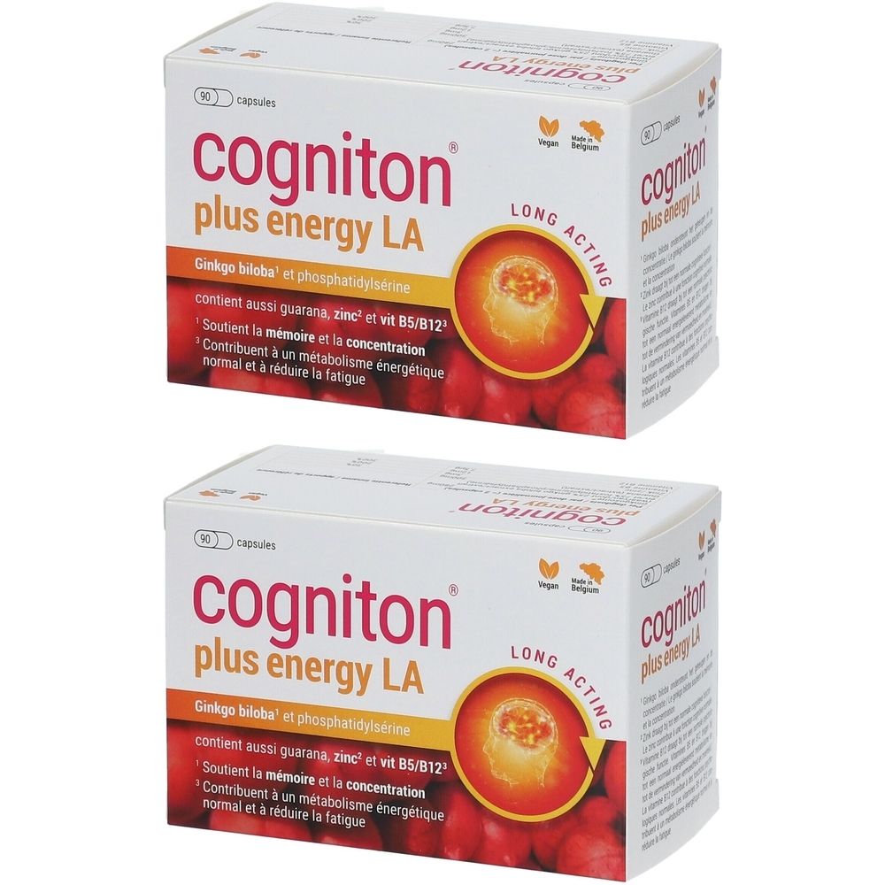 Deux boîtes de Cogniton Plus Energy LA. Emballage blanc avec texte rouge et noir. Contient 90 capsules.