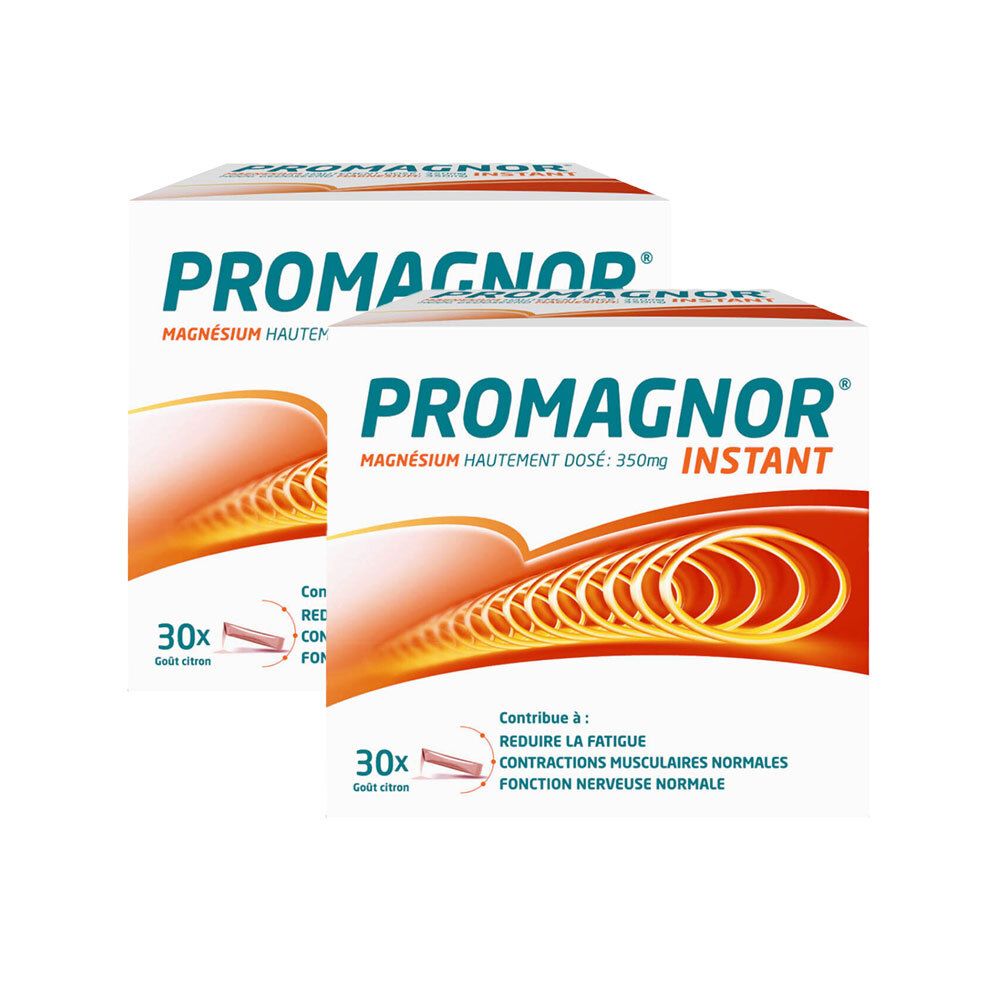 Twee witte dozen met "Promagnor Instant" logo en tekst. Rode en oranje grafiek. 30 zakjes.