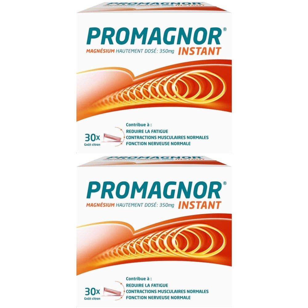 Twee witte dozen met "Promagnor Instant" logo en tekst. Rode en oranje grafiek. 30 zakjes.