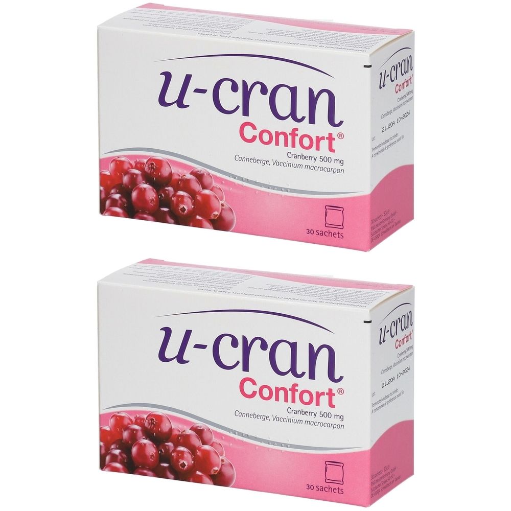Deux boîtes de "u-cran Confort". Illustration de canneberges et informations sur le produit. Contient 30 sachets.