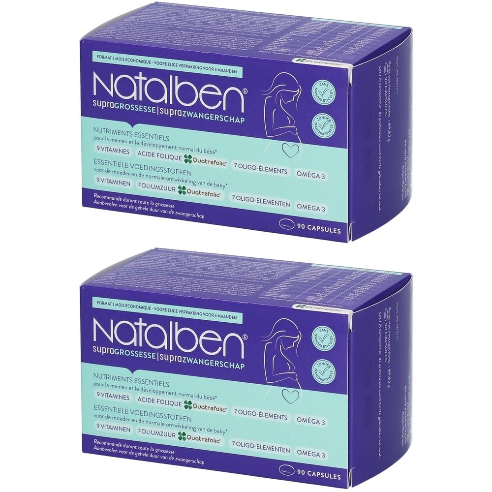 Zwei Packungen Natalben Supra. Blaue Schachteln mit weißer Schrift und Logo. Enthält 90 Kapseln.