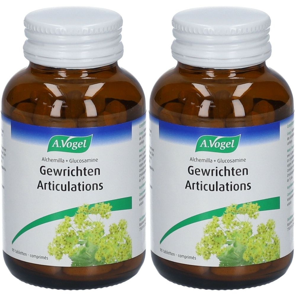 Zwei braune Glasflaschen mit weißen Deckeln. Aufschrift: A.Vogel, Alchemilla + Glucosamine, Gewrichten Articulations.