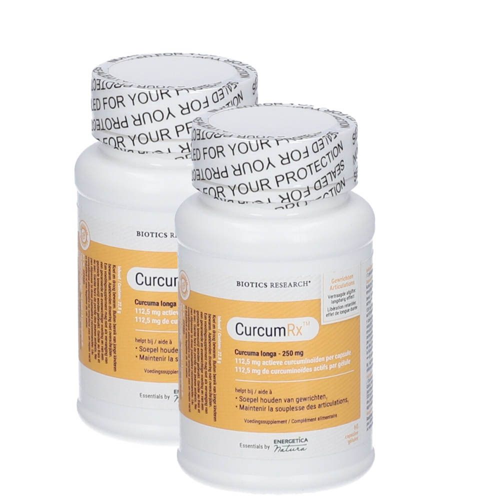 Deux flacons blancs avec étiquettes jaunes. Inscription: Biotics Research CurcumRx. Sceau: For your protection.