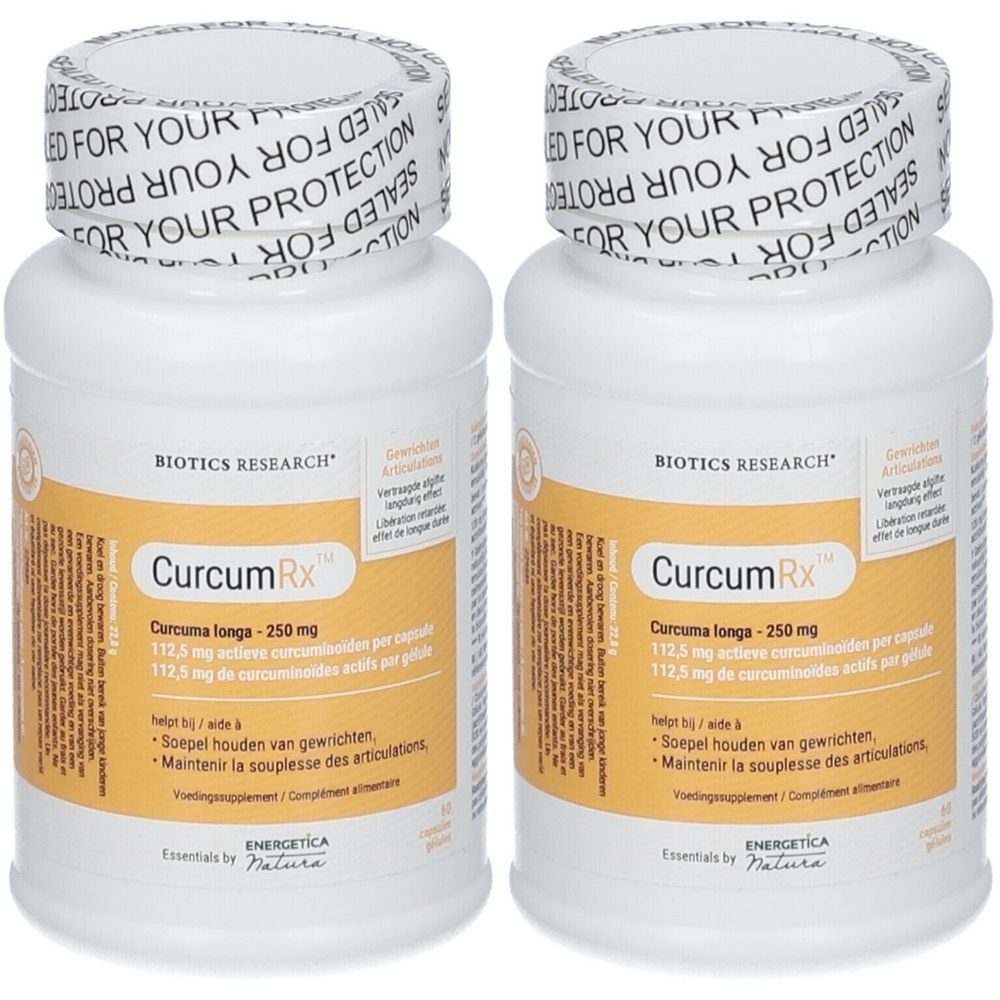 Deux flacons blancs avec étiquettes jaunes. Inscription: Biotics Research CurcumRx. Sceau: For your protection.