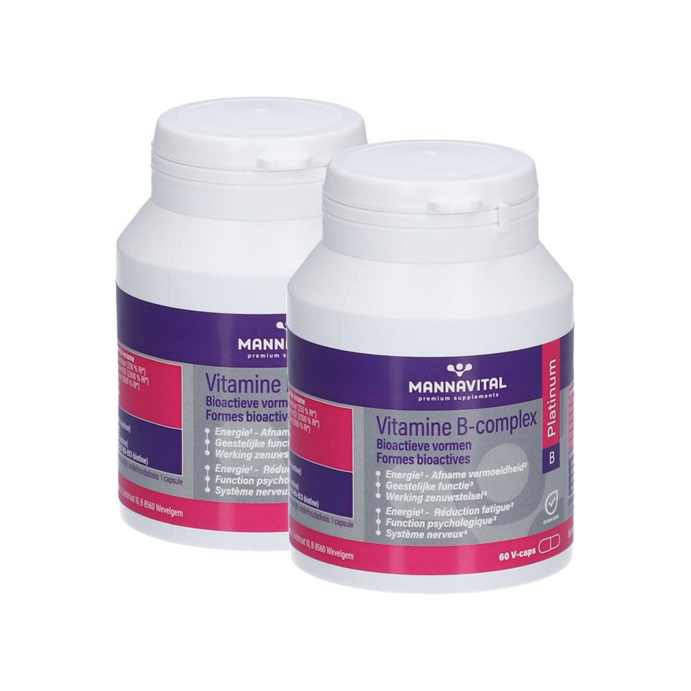 Deux flacons de Mannavital Vitamine B-Komplex Platin. Flacons blancs avec étiquettes roses et bleues. Inscriptions visibles.