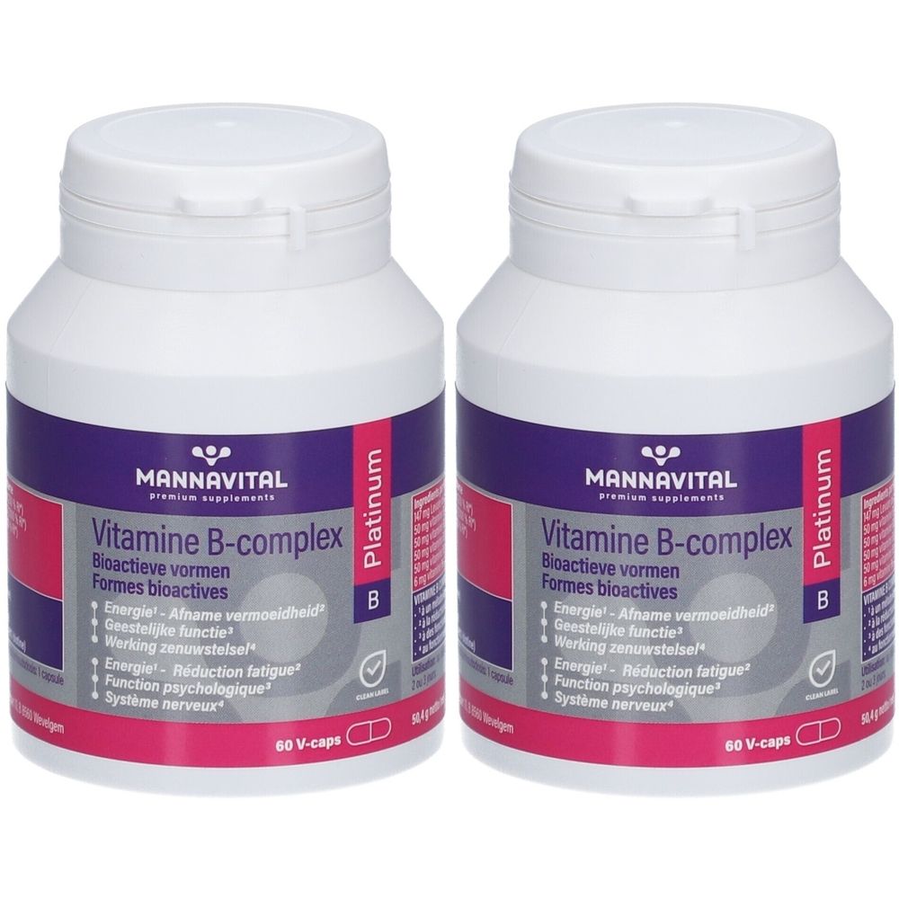 Deux flacons de Mannavital Vitamine B-Komplex Platin. Flacons blancs avec étiquettes roses et bleues. Inscriptions visibles.