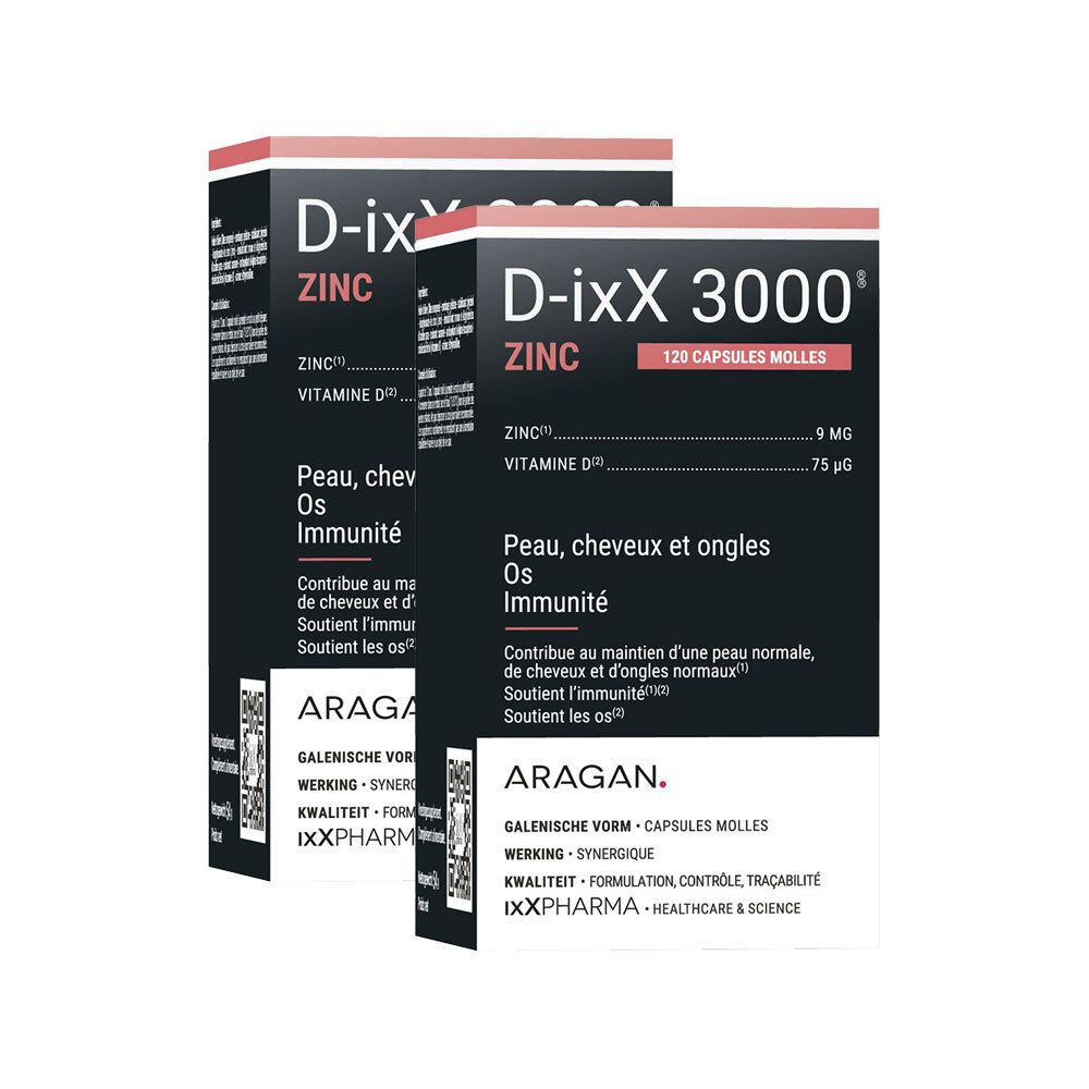 Deux boîtes de D-ixX 3000 Zinc. Boîtes sombres avec des accents rouges et blancs, indiquant 'D-ixX 3000 ZINC' et '120 CAPSULES MOLLES'.