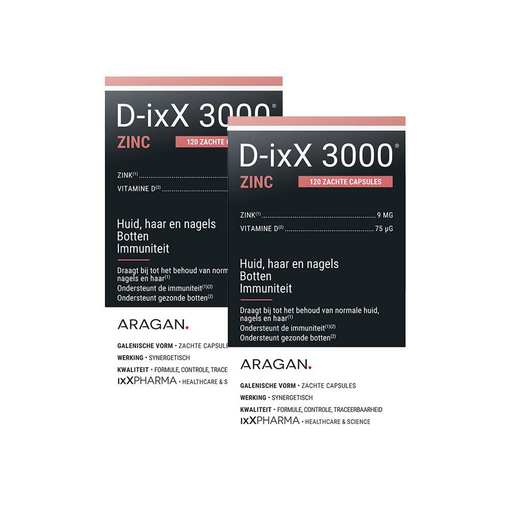Twee verpakkingen D-ixX 3000 Zink. Donkere dozen met rode en witte accenten, met 'D-ixX 3000 ZINK' en '120 ZACHTE CAPSULES'.