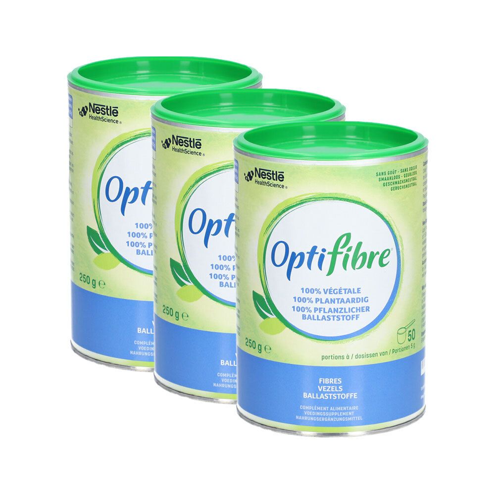 Trois boîtes Optifibre, vert-blanc-bleu, avec nom et informations.