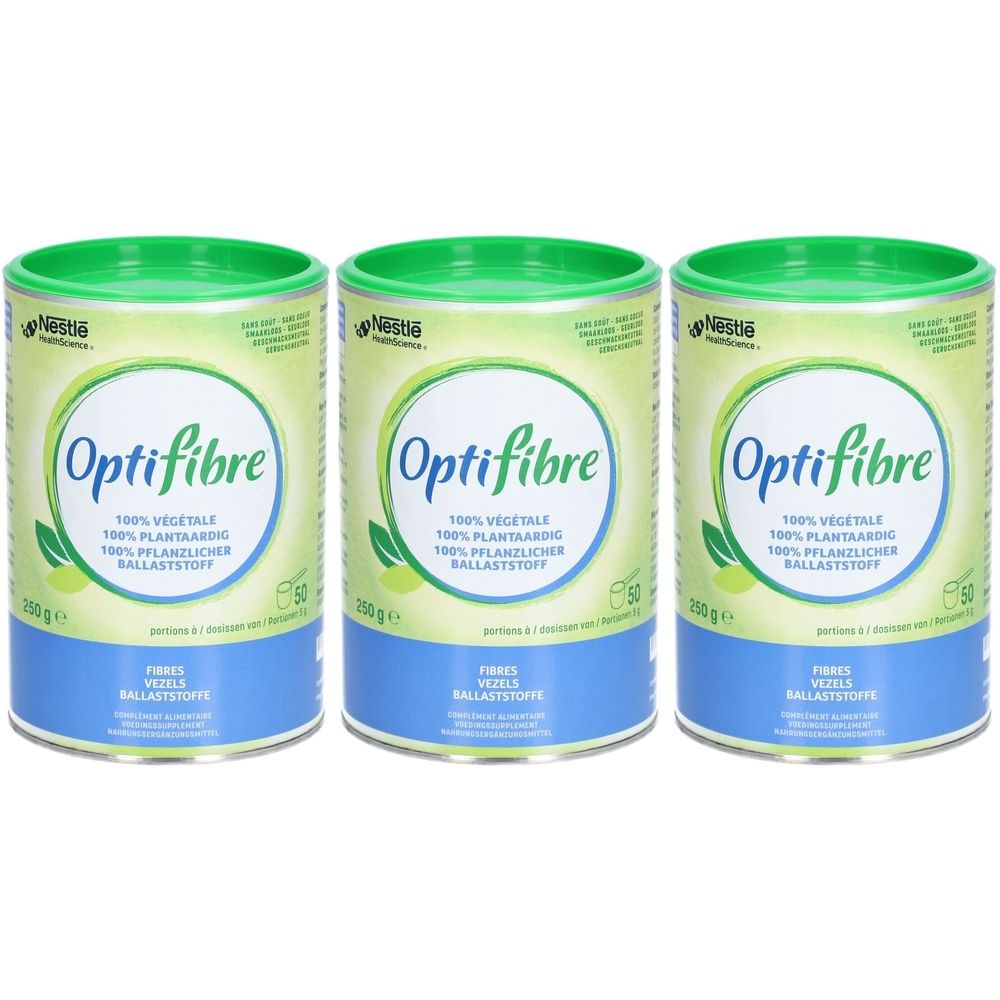 Drei Dosen Optifibre, grün-weiß-blau, mit Produktnamen und Inhaltsangaben.