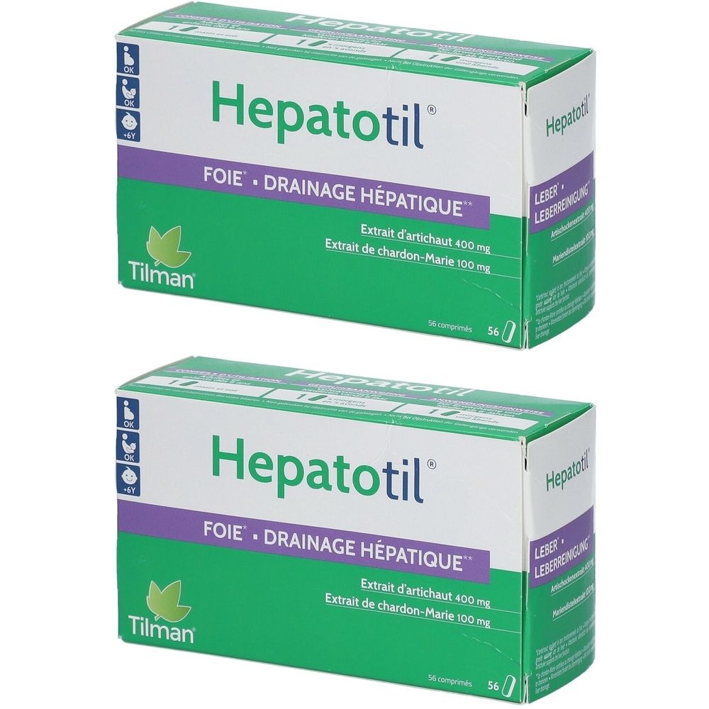 Deux boîtes de Hepatotil. Inscription: Drainage hépatique. Contient extrait d'artichaut et de chardon-Marie. Marque Tilman.