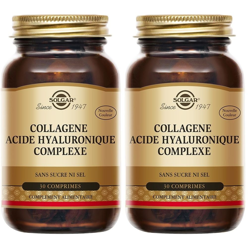 Deux flacons Solgar Collagène Acide Hyaluronique. Flacons en verre brun avec bouchons et étiquettes dorés. Texte: Collagène, 30 comprimés.